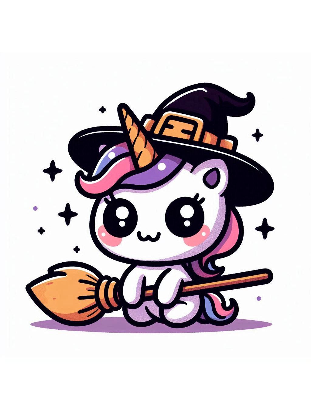 halloween unicorn illustration ideas featuring a cute unicorn wearing a witch hat, holding a broom, surrounded by stars.